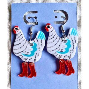 New White & Blue Chicken w/ Glitter Red Cowboy Boots Retro 80s Style Earrings